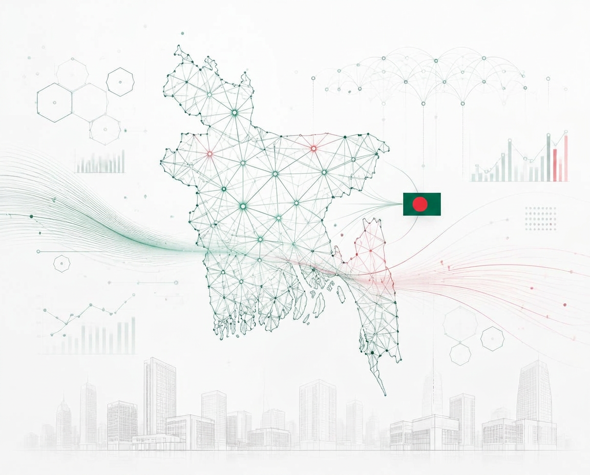 Abstract AI network visualisation: a stylised Bangladesh map formed from connected data nodes above a faint modern city skyline