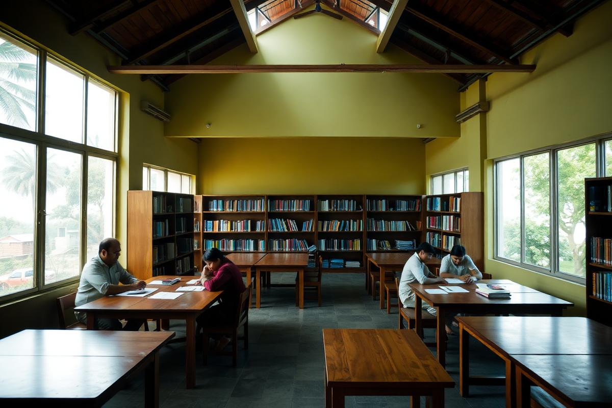 People helping one another at shared tables in a community library in Bangladesh